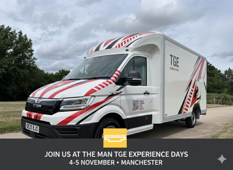 Trucksmith MAN TGE Partnership: Custom Dropside vehicle featuring the Trucksmith logo on a MAN chassis at the MAN TGE Experience Days event.