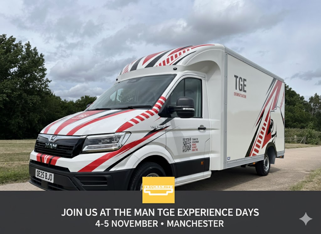 Trucksmith MAN TGE Partnership: Custom Dropside vehicle featuring the Trucksmith logo on a MAN chassis at the MAN TGE Experience Days event.