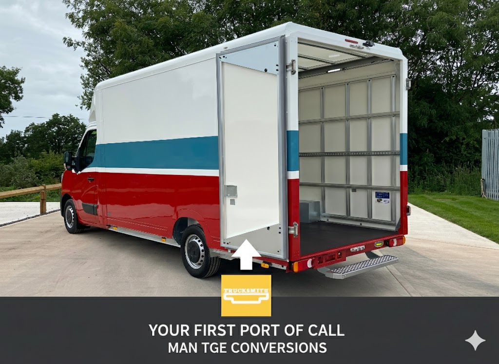Truckmith MAN TGE LoLoader: A striped red and blue Trucksmith LoLoader body conversion built on a MAN TGE chassis, showcasing the strong partnership with the MAN Fleet team.
